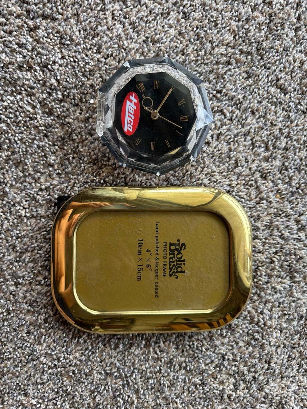 Vintage Solid Brass 4x6 Photo Frame and Hatco Acrylic Octagon Desk Clock Set